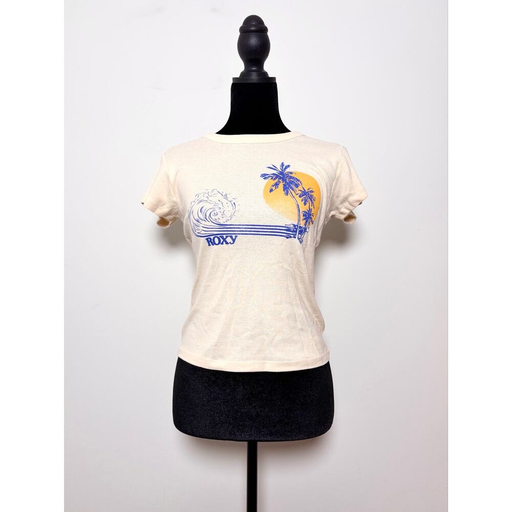 Roxy Cream Fitted Cotton Baby Tee Retro Logo Print